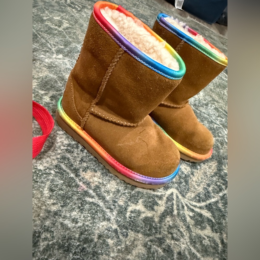 UGG Brown Suede Kids Boots with Rainbow Trim